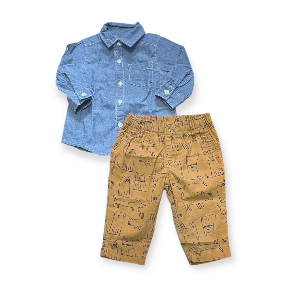 CARTER’S Baby Boy 2-Piece Chambray Shirt and Brown Pants Set size 6M